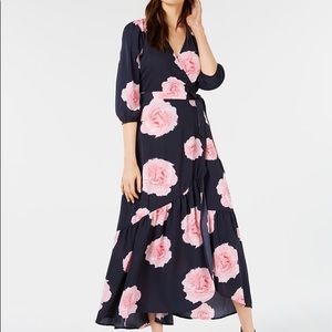 Bar III Floral Flounce Wrap Dress in Navy with Pink